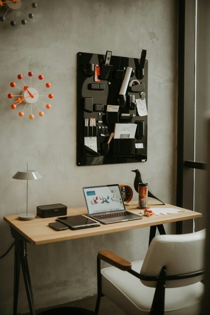 Modern organized workspace with a laptop, representing web design and development work